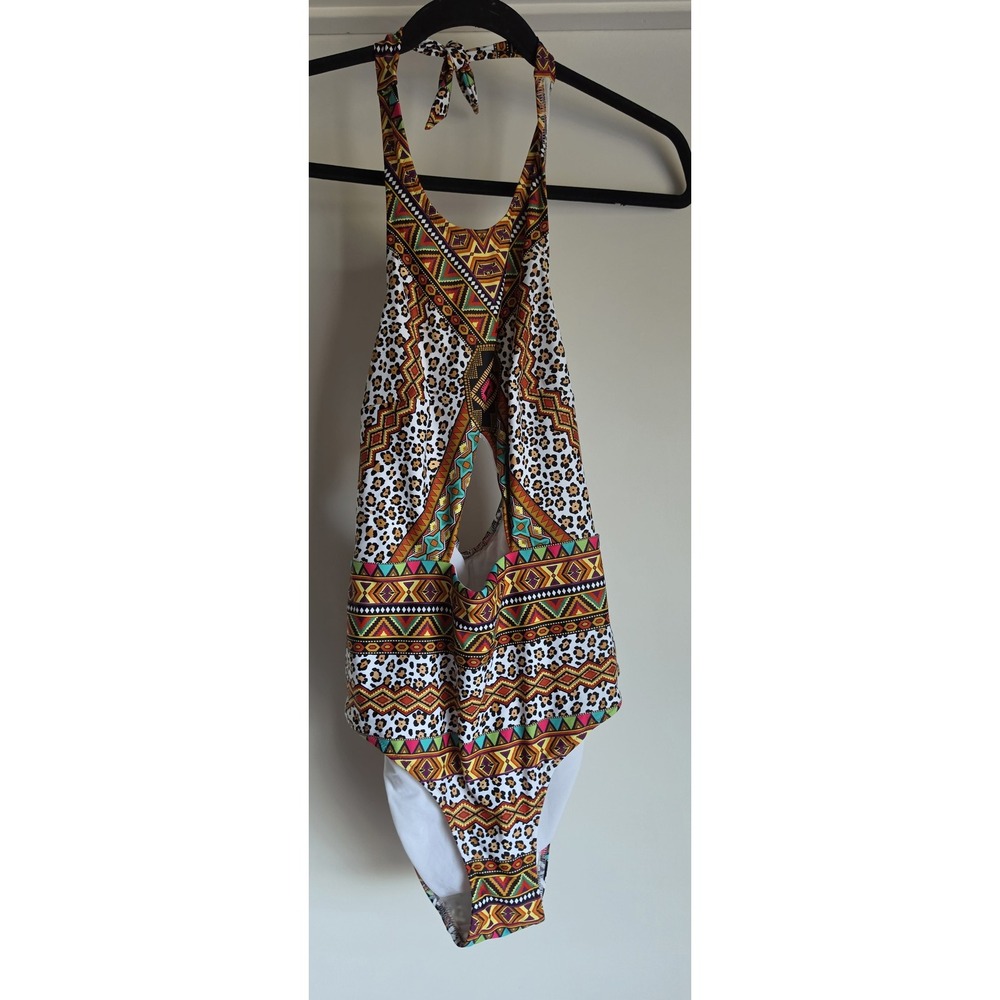Jolidon One Piece Swimsuit Halter M Boho Geometric Animal Print Swimwear